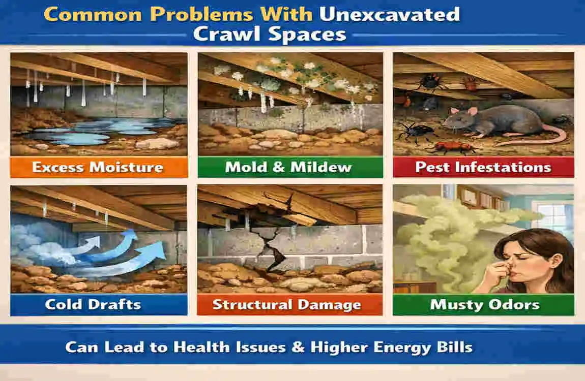 unexcavated crawl space in House 