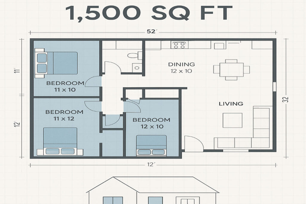 average square footage of a 3 bedroom house