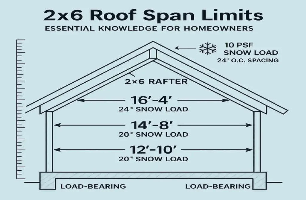 how far can you span a 2x6 for a roof
