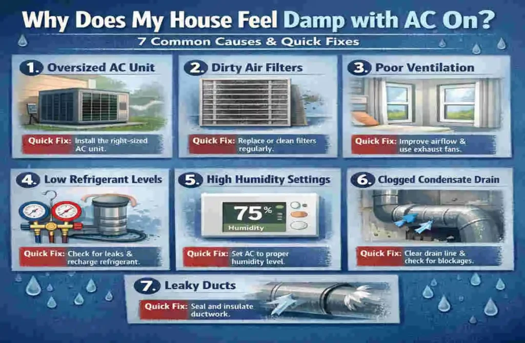 why does my house feel damp with ac on