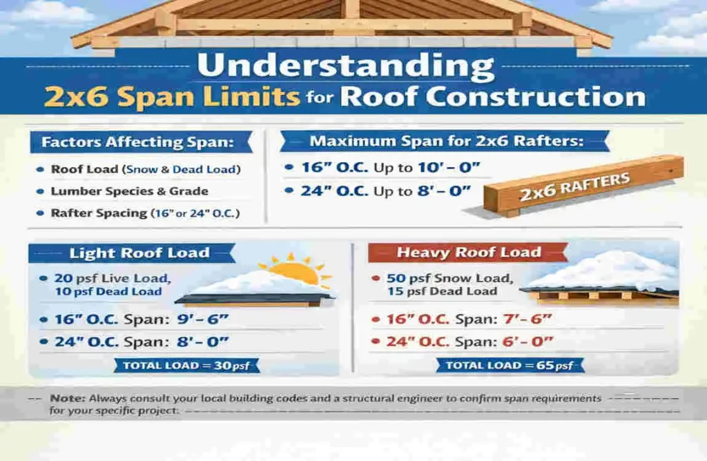 how far can you span a 2x6 for a roof