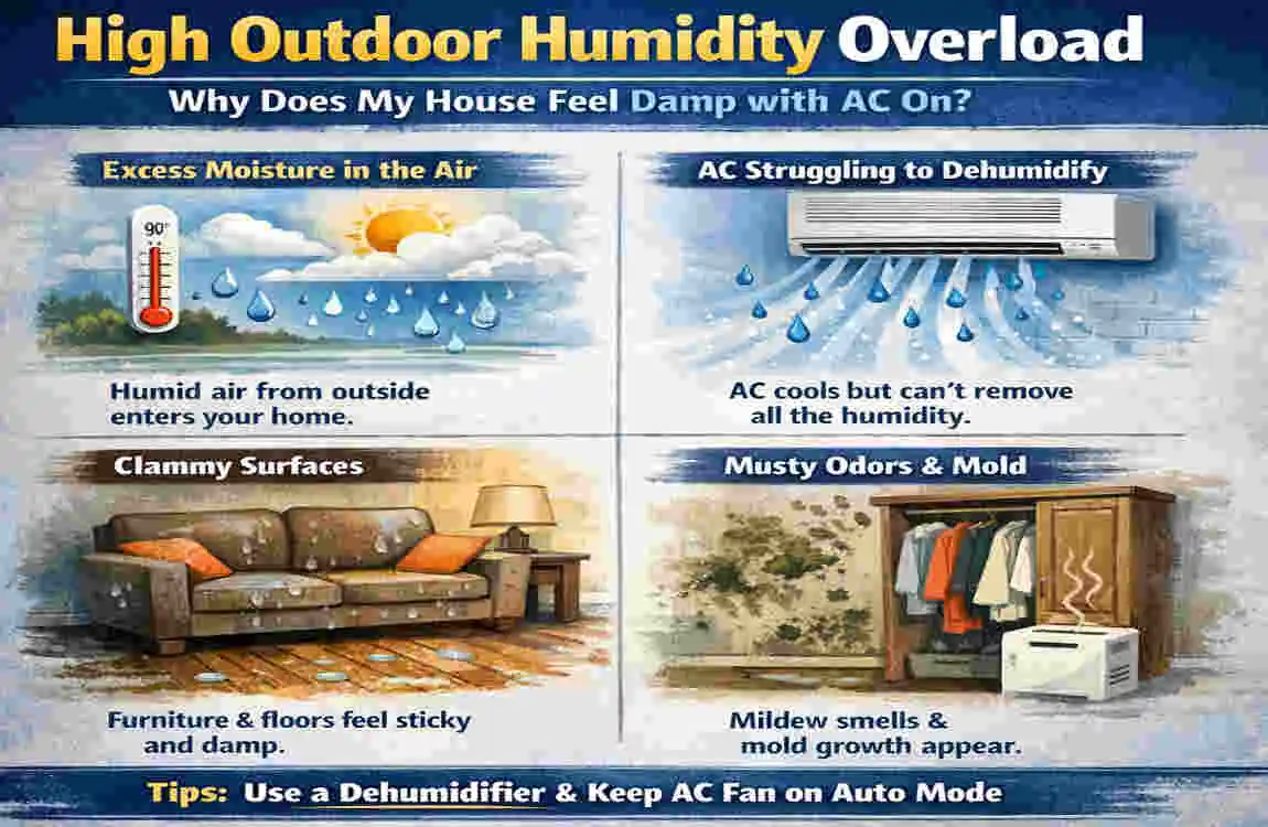 why does my house feel damp with ac on