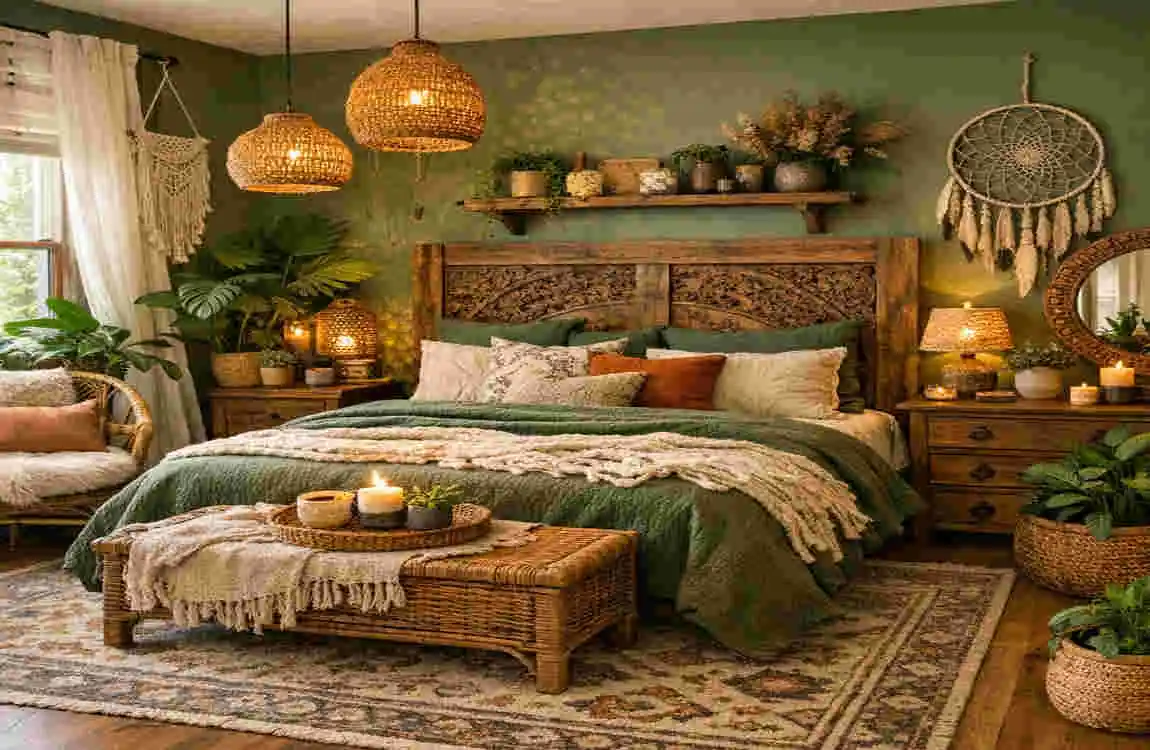 green boho master bedroom house