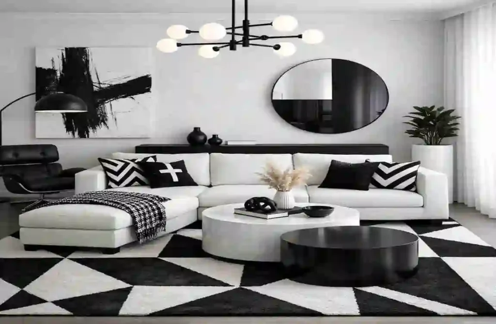 Black and white furniture in lounge at home