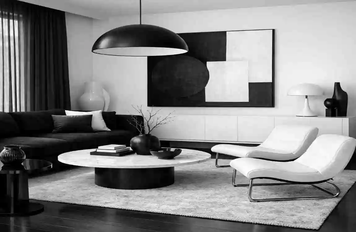 Black and white furniture in lounge at home