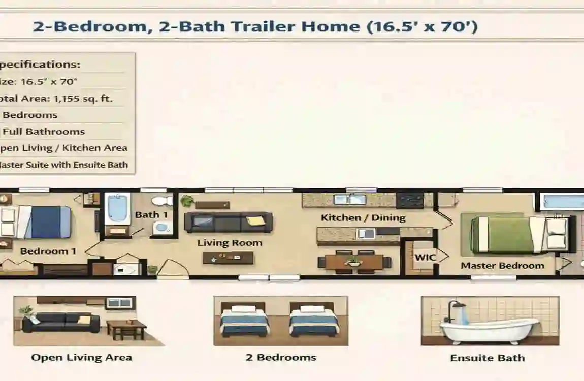 2 bed to bath 16.5x70 trailer home